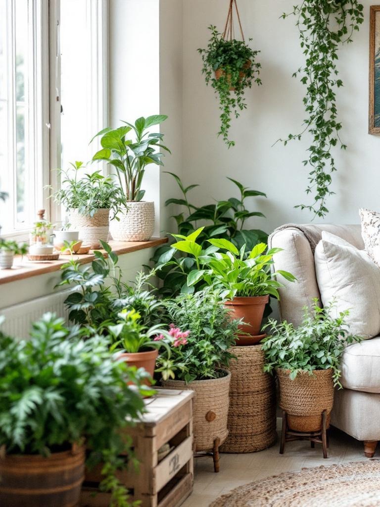 Farmhouse living room with potted herbs, succulents, and ferns in rustic planters, vibrant greenery.