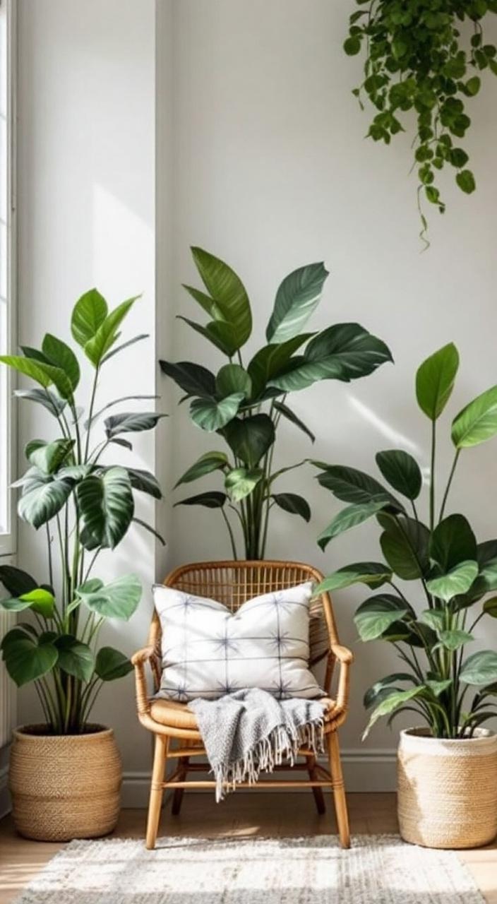 A small room with tall plants in corners and smaller plants on shelves, enhancing space and air quality.