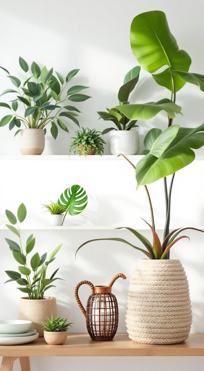 Coastal living room with indoor plants like succulents and palms in natural decorative pots.