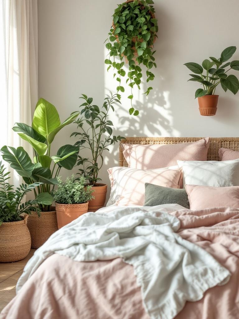 Boho summer bedroom with greenery, displaying succulents and ferns in woven baskets and terracotta pots.