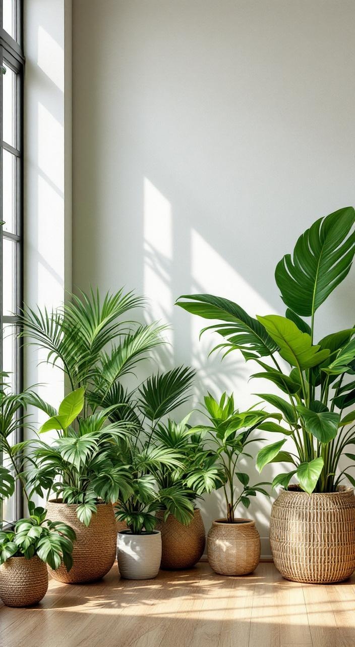 Indoor tropical decor featuring palm trees, snake plants, and monstera in decorative pots for greenery.