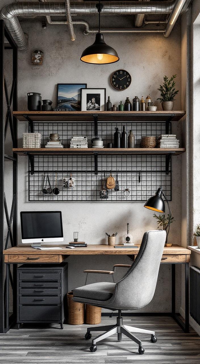 Industrial-style room featuring metal shelves, wooden desk, wire grid, and a gray-black-brown color palette.
