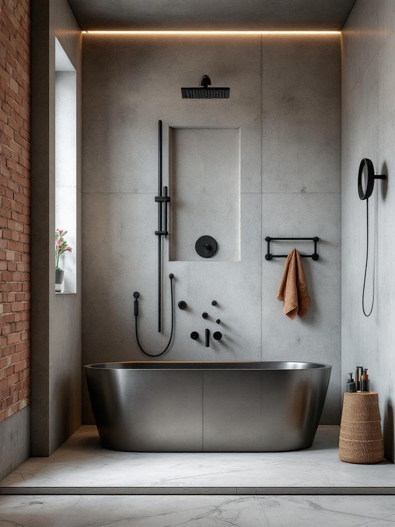 Modern industrial bathroom with metal tub, rain shower, exposed piping, and concrete brick walls.