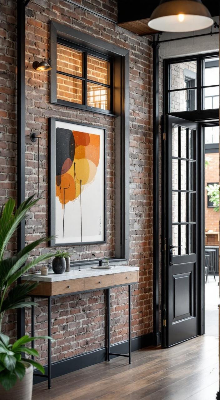 Black trim accentuates brick and concrete, blending industrial ruggedness with sleek modern design.