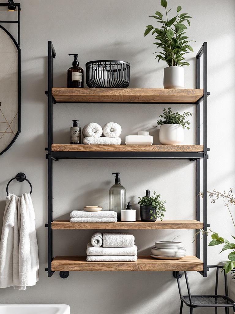 Industrial metal shelves in a modern bathroom, showcasing a blend of wood and metal for storage.