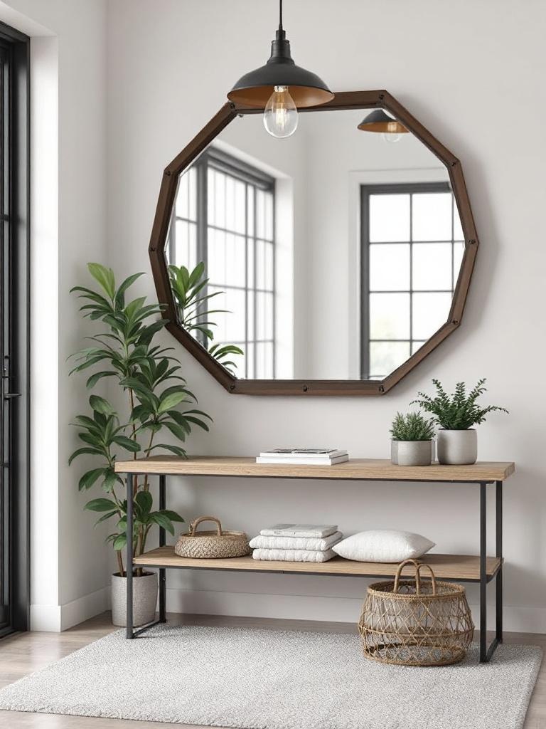 Industrial style mirror in an entryway, framed with metal, contrasting with wood and plants for warmth.