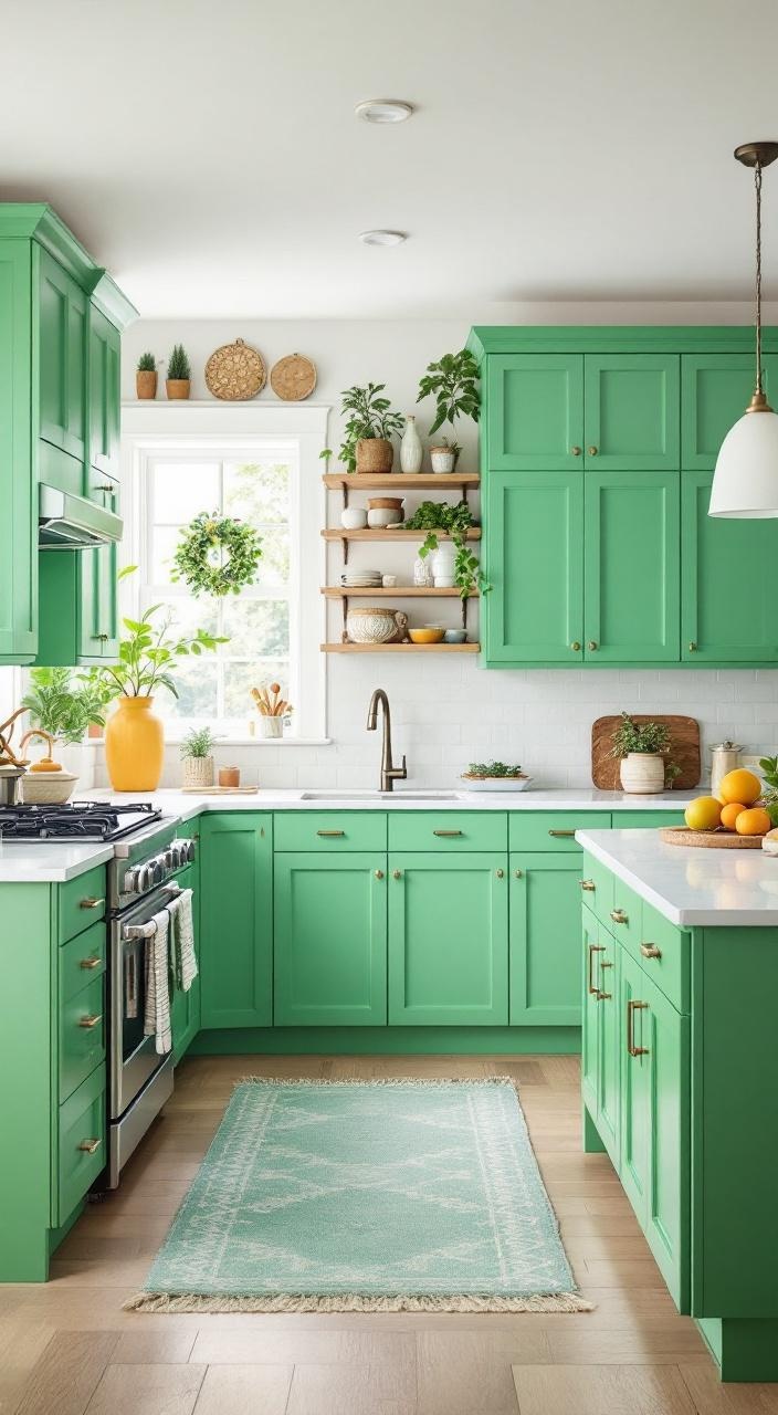 Kelly green cabinets in a kitchen, creating a vibrant, youthful atmosphere with colorful decor elements.