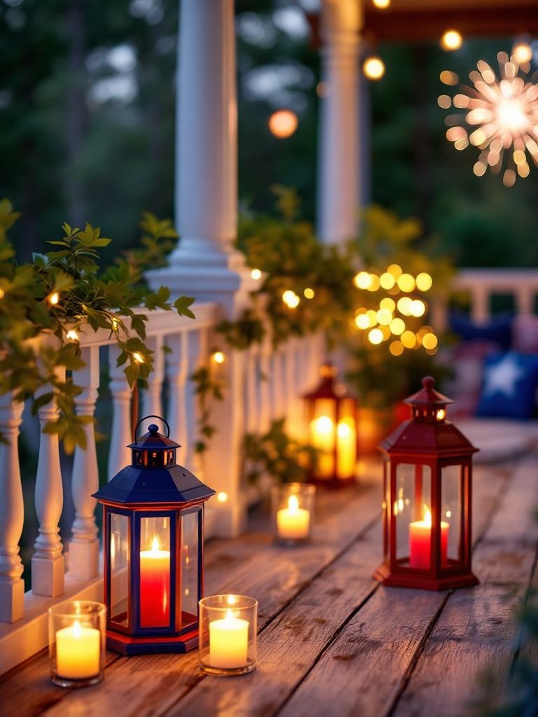 Enchanted porch with red, white, and blue lanterns and colorful candles, glowing softly at night.