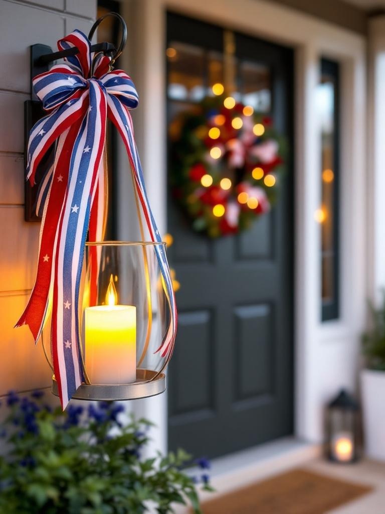 Lanterns decorated with red, white, and blue ribbons, glowing with LED candles by a front door.
