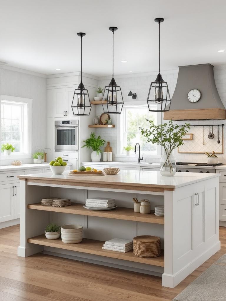 Modern farmhouse kitchen with a large island, seating, decorative lighting, and stylish storage options.