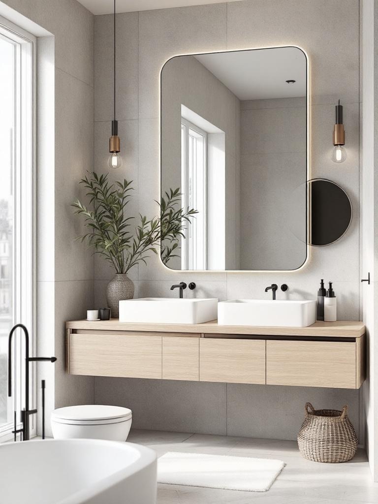 Large frameless mirror in a Scandinavian bathroom enhancing light and creating an illusion of space.