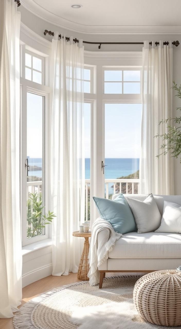 Coastal living room with large windows, sheer curtains, and mirrors reflecting sunlight for brightness.