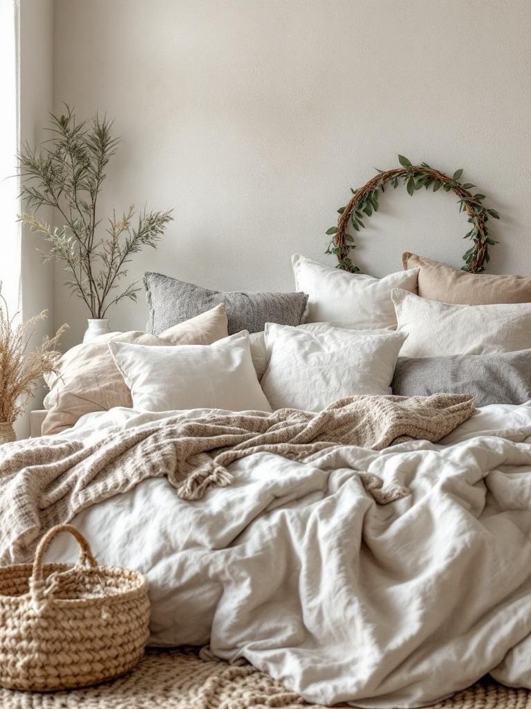 Cozy layered bedding with a quilt, fluffy pillows, natural cotton, and linen for stylish summer comfort.