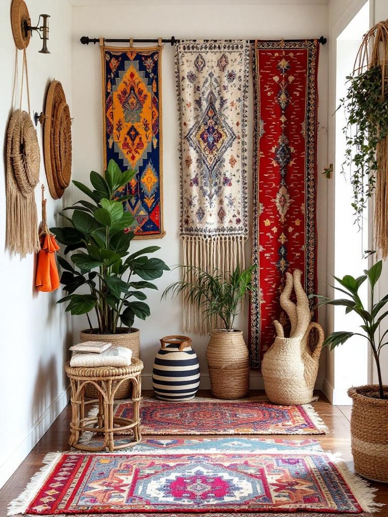 Colorful layered textiles in an entryway, featuring runners, tapestries, and woven mats for depth.