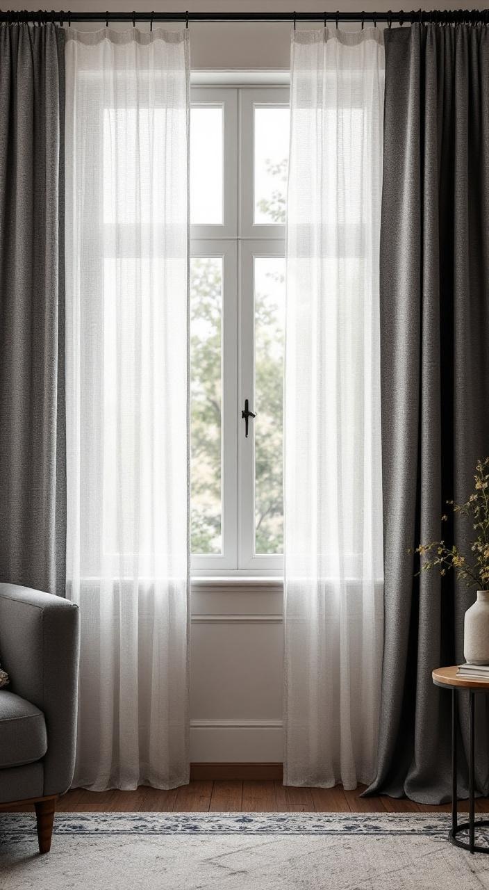 Layered sheer curtains and textured drapes in a stylish living room for dynamic light control and depth.