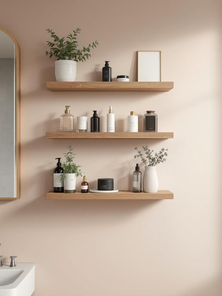 Ledge floating shelves with barriers for organizing cosmetics, perfumes, and showcasing personal items.