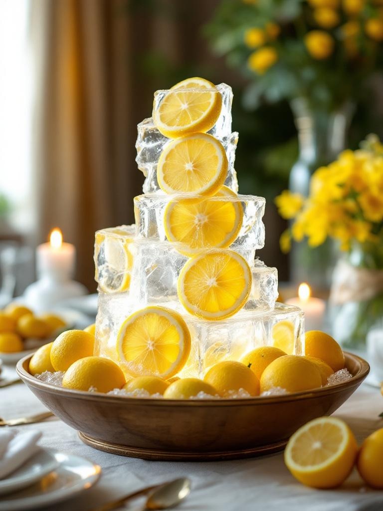 Ice sculpture centerpiece with lemon slices, elegantly displayed in water for summer event decor.