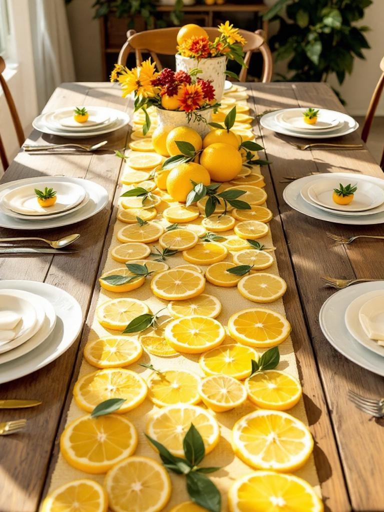 Lemon slice table runner on a dining table, enhancing summer party decor with vibrant colors.