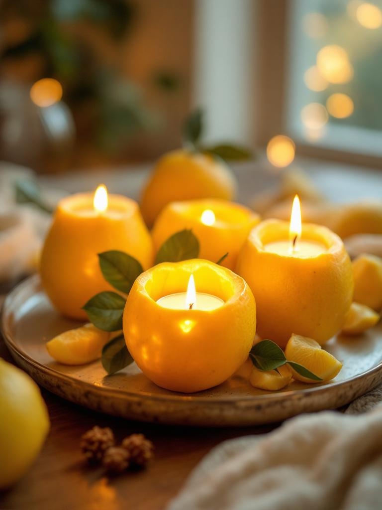 Lemon centerpiece with hollowed lemons as candle holders, tealights glowing for a warm ambiance.