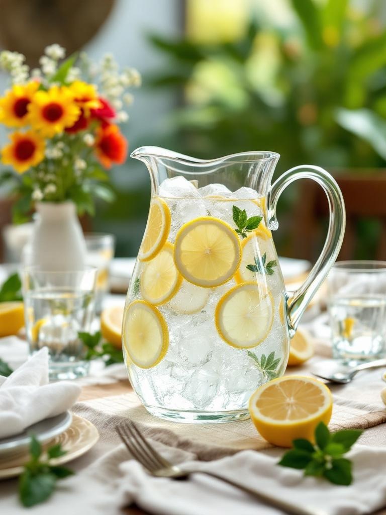 Lemon water pitcher with ice and sliced lemons, accompanied by matching glasses on a dining table.