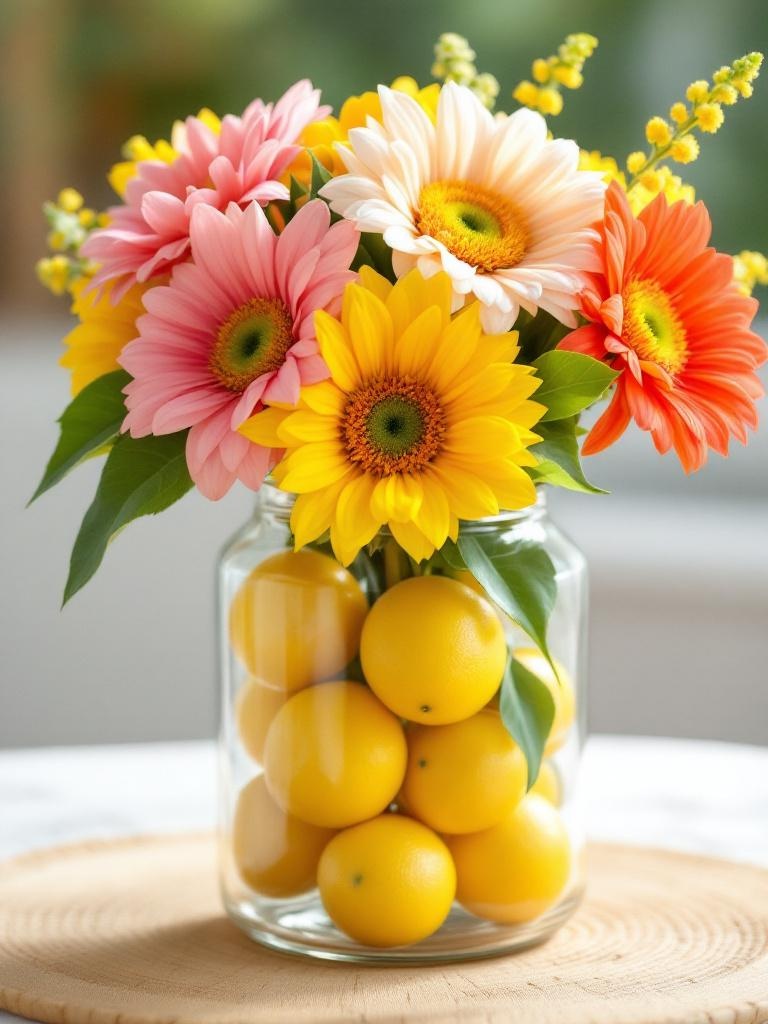 A glass vase filled with fresh lemons and colorful flowers like sunflowers, creating a vibrant centerpiece.