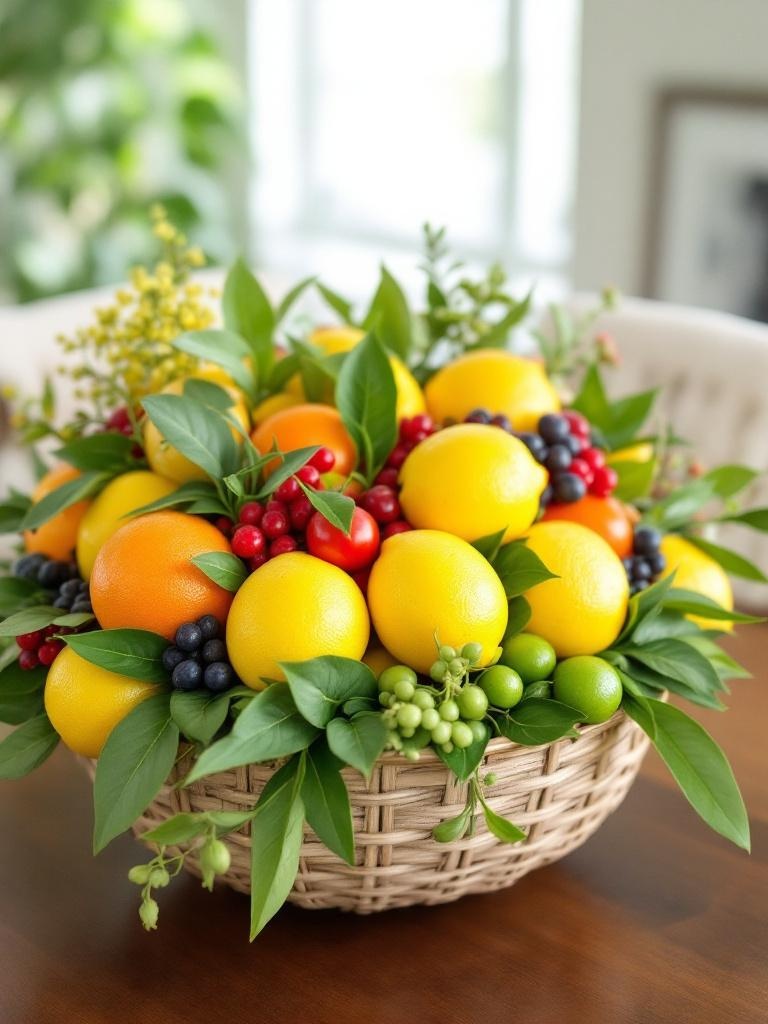 Vibrant fruit bowl centerpiece with prominent lemons, oranges, limes, and berries in a decorative bowl.