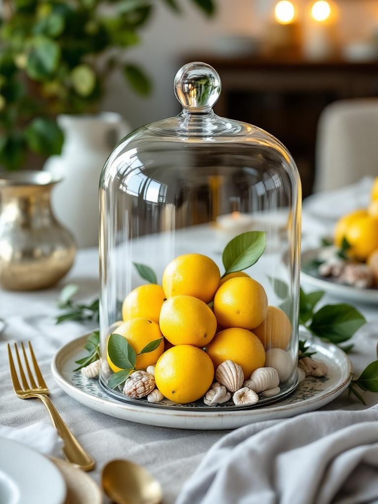 Elegant lemon centerpiece under a glass cloche on a decorative plate, with added shells and candles.