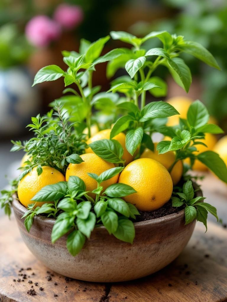 Charming mini garden arrangement featuring lemons and fragrant herbs in a shallow container.