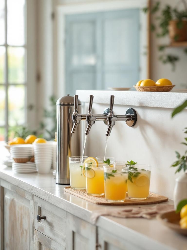 A lemonade tap system at an event with flavored lemonades, cups, and ice for guest self-service.