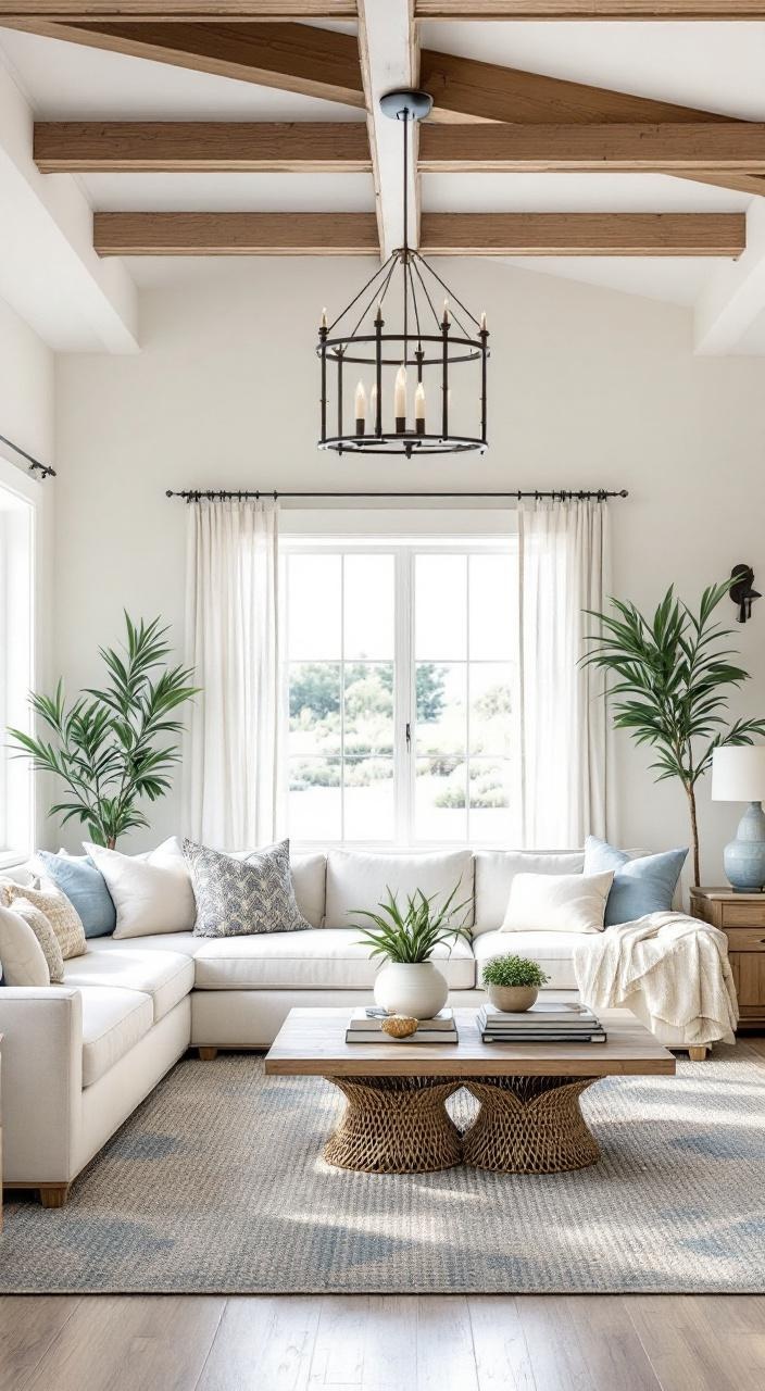 Coastal living room decor featuring soft whites, light blues, sandy beiges, and pale grays.