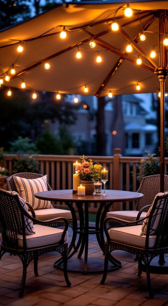 A patio umbrella with warm LED lights creating a cozy ambiance for outdoor dining in the evening.