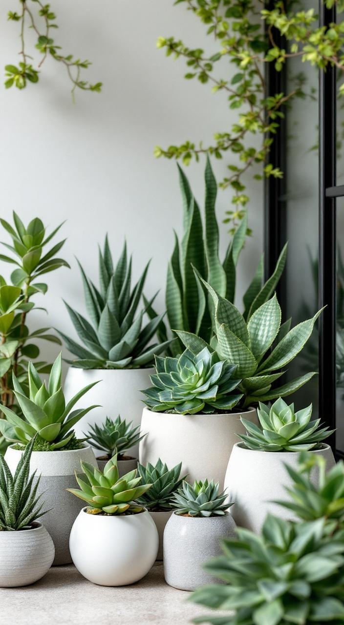 A collection of minimalist succulents in modern planters around a pool, emphasizing low maintenance care.