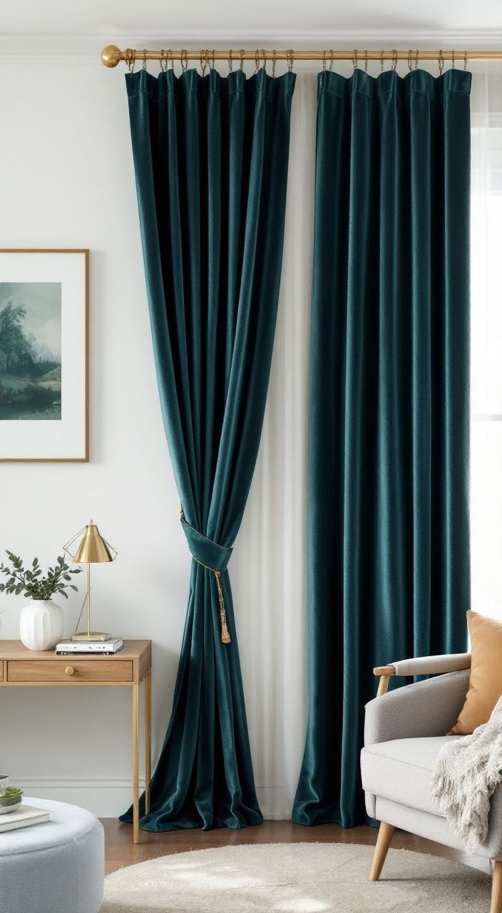 Luxurious velvet curtains in jewel tones enhance living room aesthetics with elegance and sophistication.