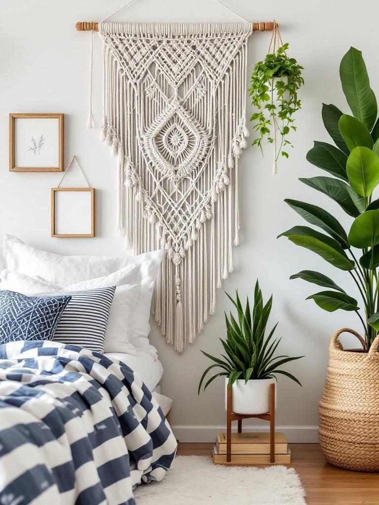 Macramé wall hangings and plant hangers enhance summer bedroom with whimsy, texture, and visual interest.