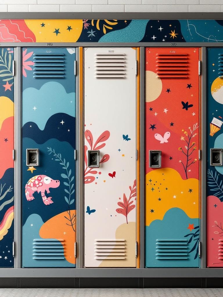 Magnetic wallpaper in colorful patterns decorates a student's locker, allowing personalization and creativity.