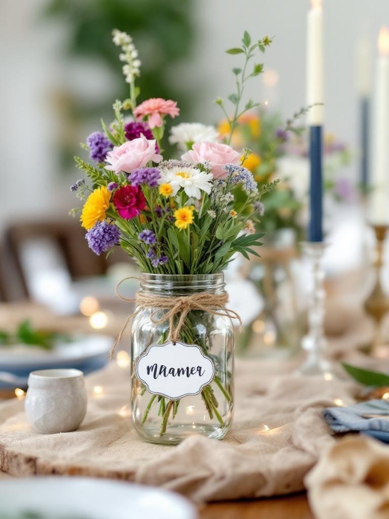 Mason jars filled with flowers and herbs, wrapped in twine with tags, on a rustic summer table.