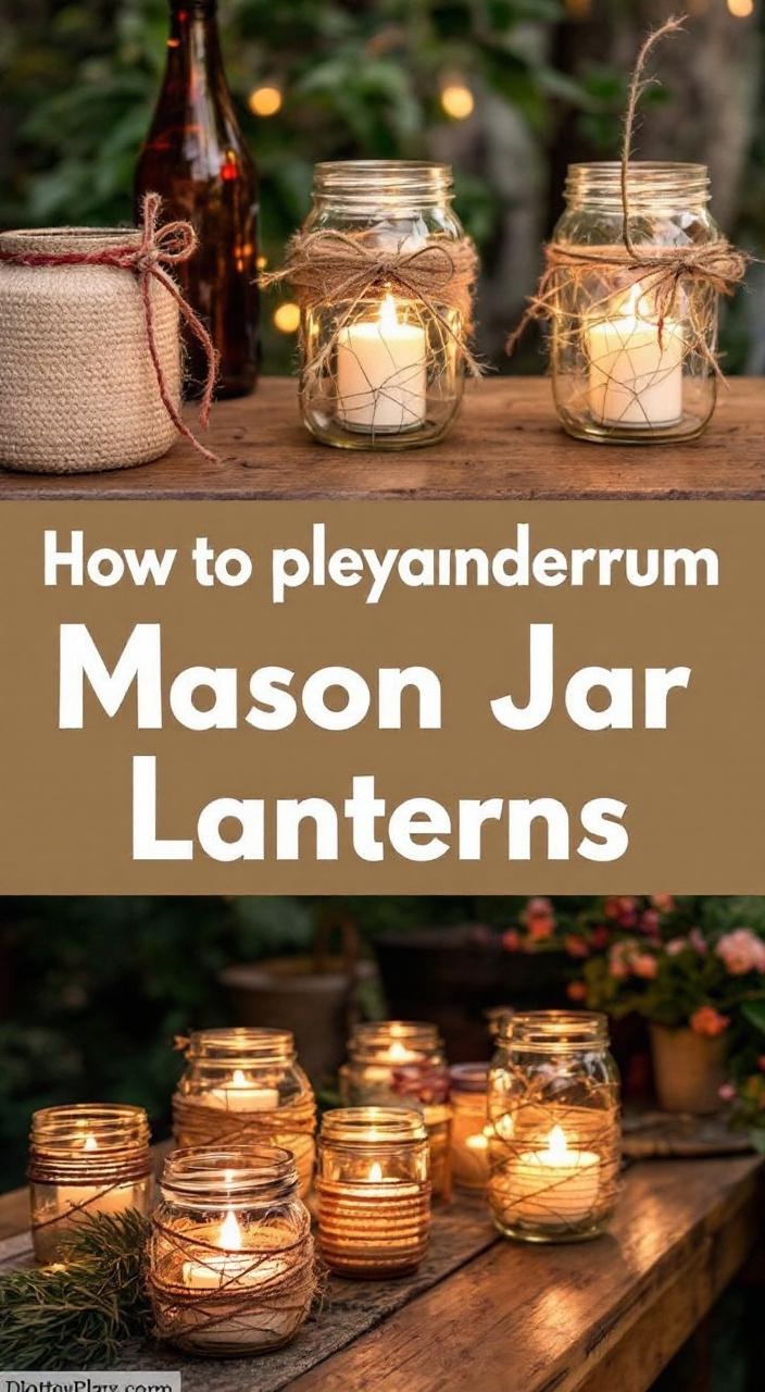 Mason jar lanterns adorned with twine and ribbons, glowing with tealights, in a rustic outdoor setting.