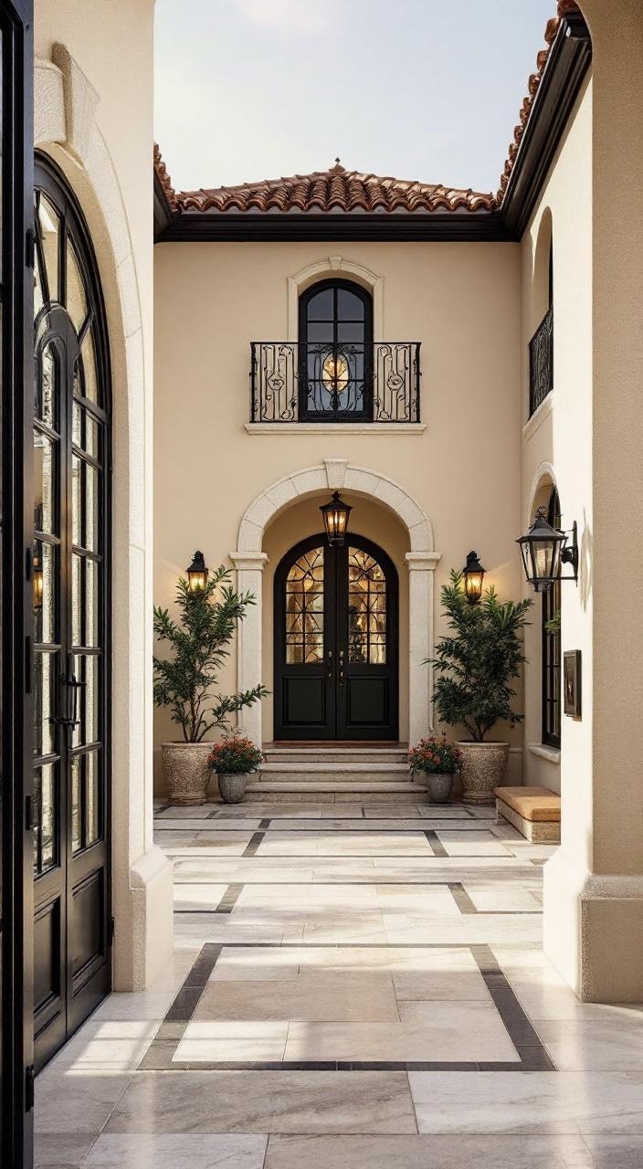 Mediterranean home with black trim on stucco walls, terracotta roof, and wrought iron accents.
