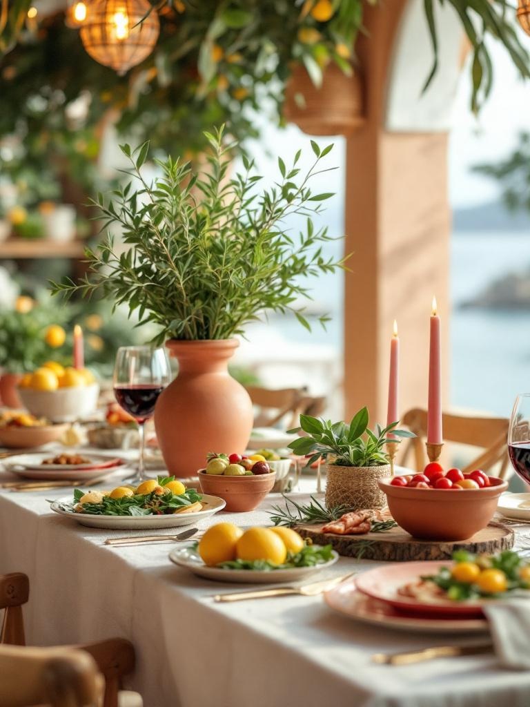 Mediterranean escape aesthetic with vibrant tableware, olive branches, lemons, and fresh seafood dishes.