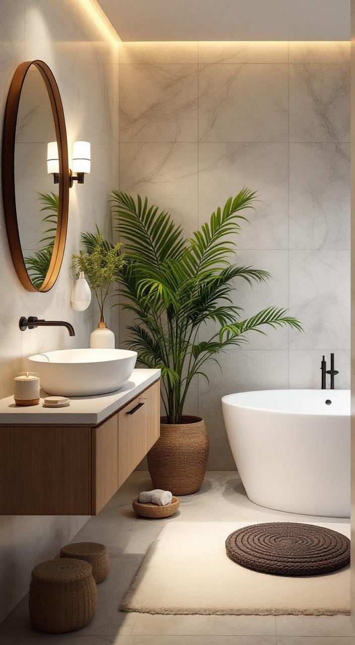 A serene bathroom corner with a mat and cushion for mindfulness and meditation, enhancing relaxation.