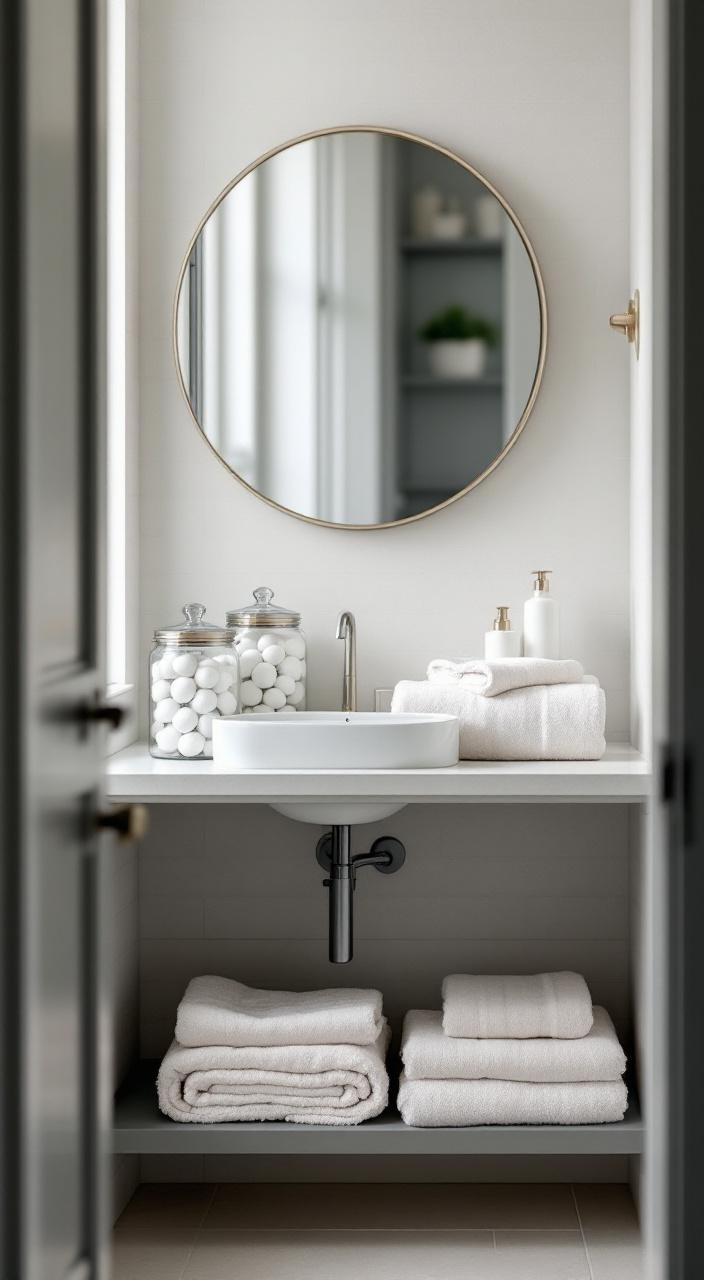 Organized bathroom with clear jars for cotton balls, stacked towels, and minimalist decor for serenity.