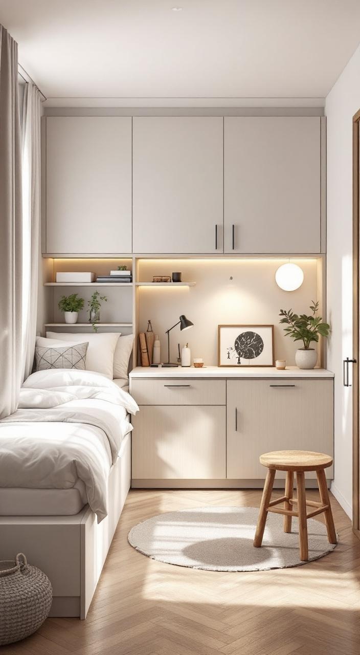 Minimalist room with clean lines, multi-purpose furniture, neutral colors for a calm, clutter-free space.