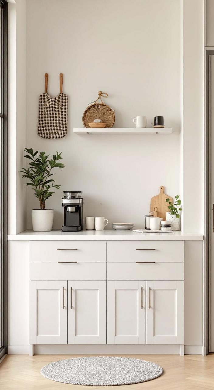 Minimalist coffee bar with sleek countertop, grinder, espresso machine, mugs, potted plant, and art.