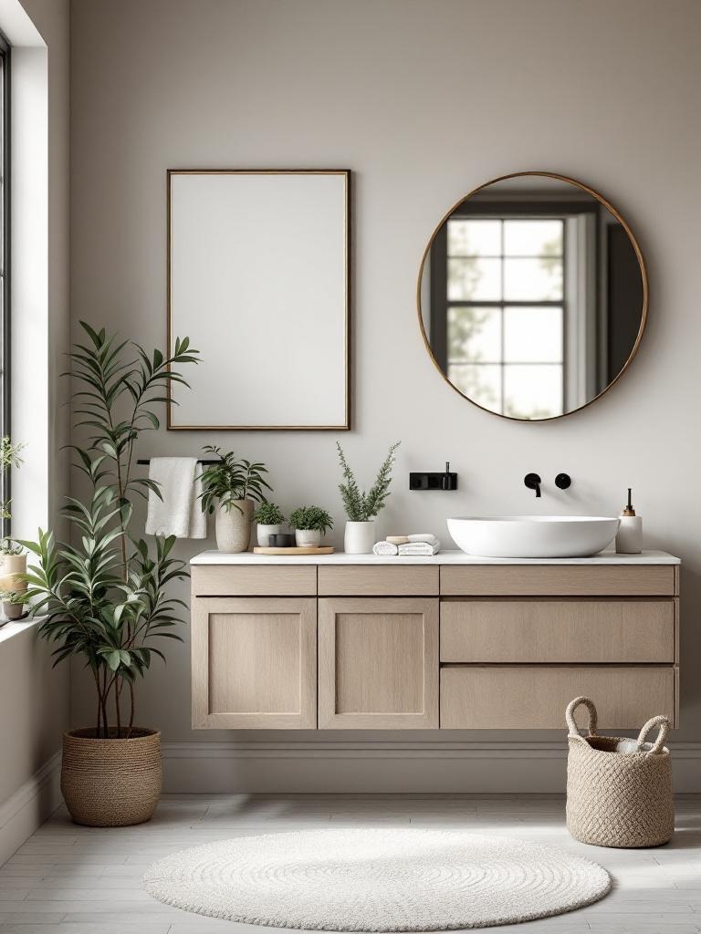 Scandinavian bathroom decor featuring minimalist accessories, stylish mirror, and potted plants in harmony.