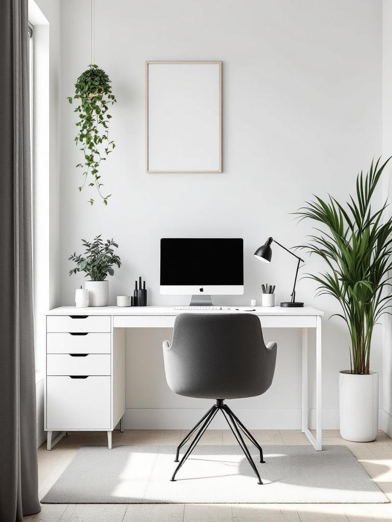 A minimalist home office featuring a sleek desk, neutral colors, and few essential decorative items.