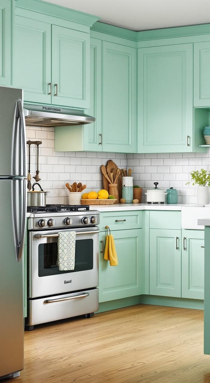 Mint green kitchen cabinets add color and brightness, enhancing a playful, spacious feel in compact areas.