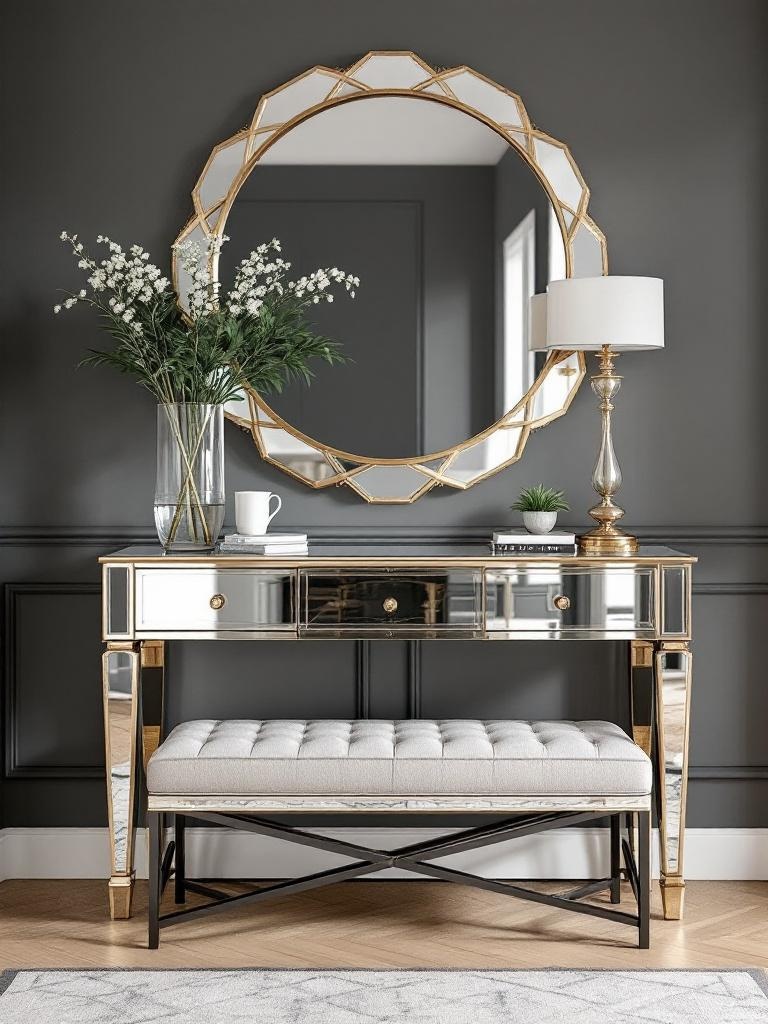 A chic entryway featuring mirrored furniture like a console and bench, enhancing light and style.