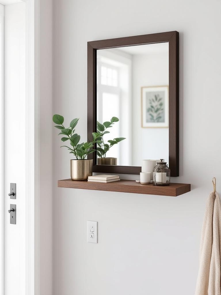 Stylish entryway with a mirror and shelf for storage, displaying plants and decorative items.