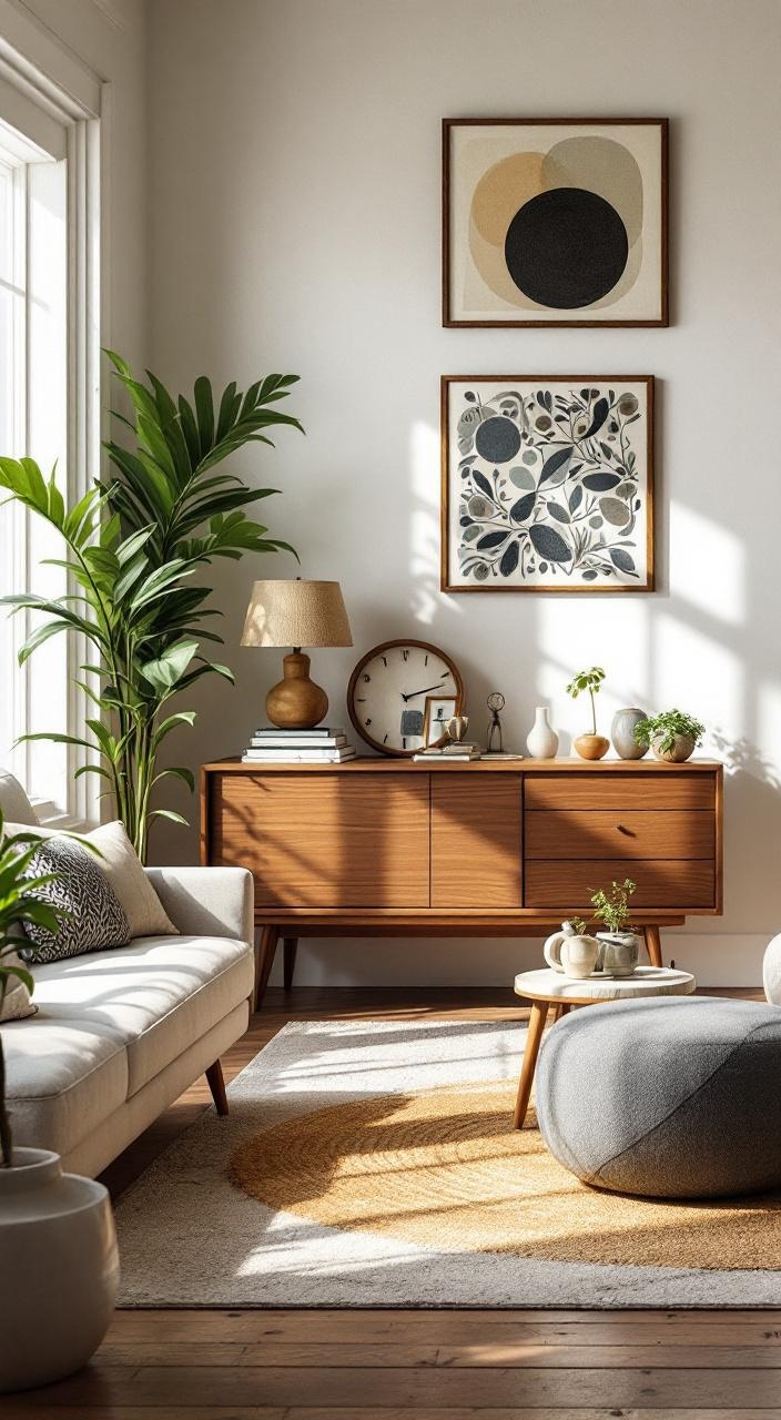 Vintage mid-century furniture paired with contemporary elements creates a fresh, timeless home decor style.