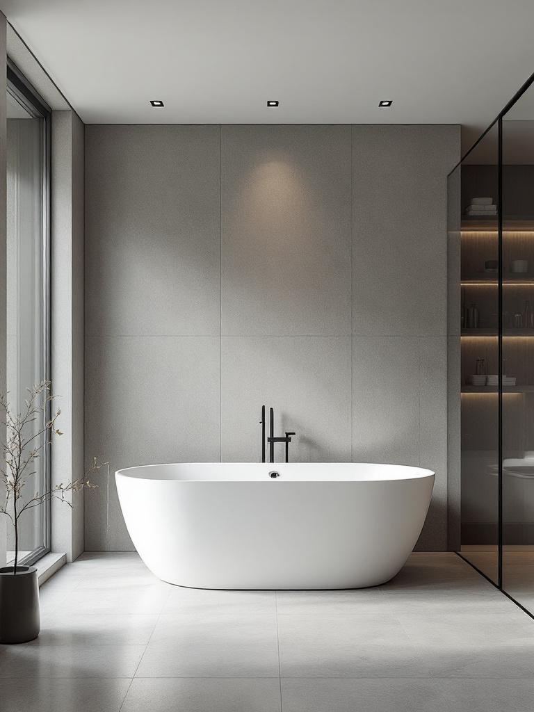 Modern minimalist bathroom with a freestanding tub, glass shower, muted colors, and simple lines.